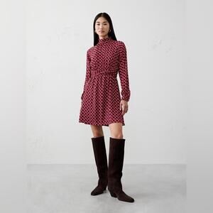 BANANA REPUBLIC TWISTED-WAIST MINI DRESS Red Multi Mock Neck Long Sleeve S NWT